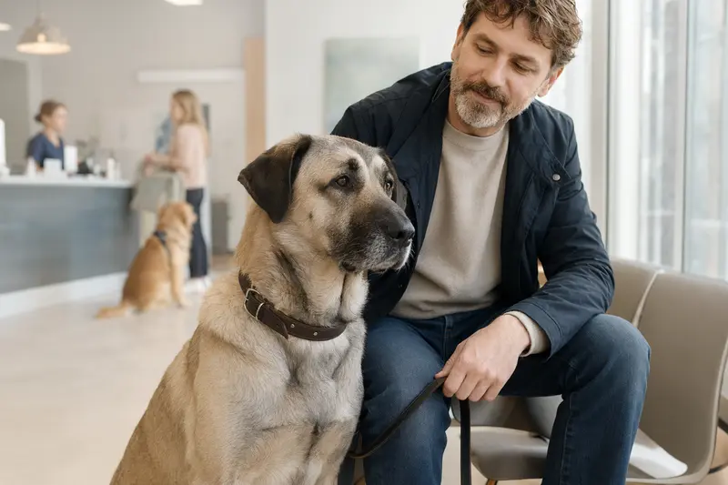 Ein Kangal sitzt ruhig neben seinem Besitzer im hellen Wartezimmer einer modernen Tierarztpraxis.